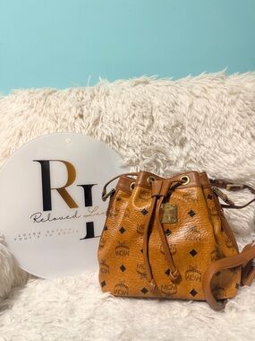MCM Cognac Visetos Leather Drawstring Crossbody